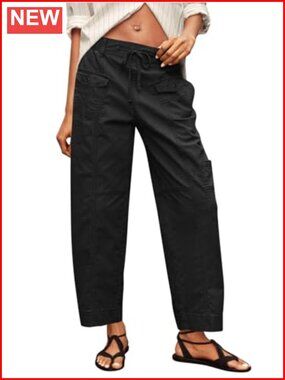 100% Cotton Cargo Pants with Drawstring Elastic Waist Multiple Pockets